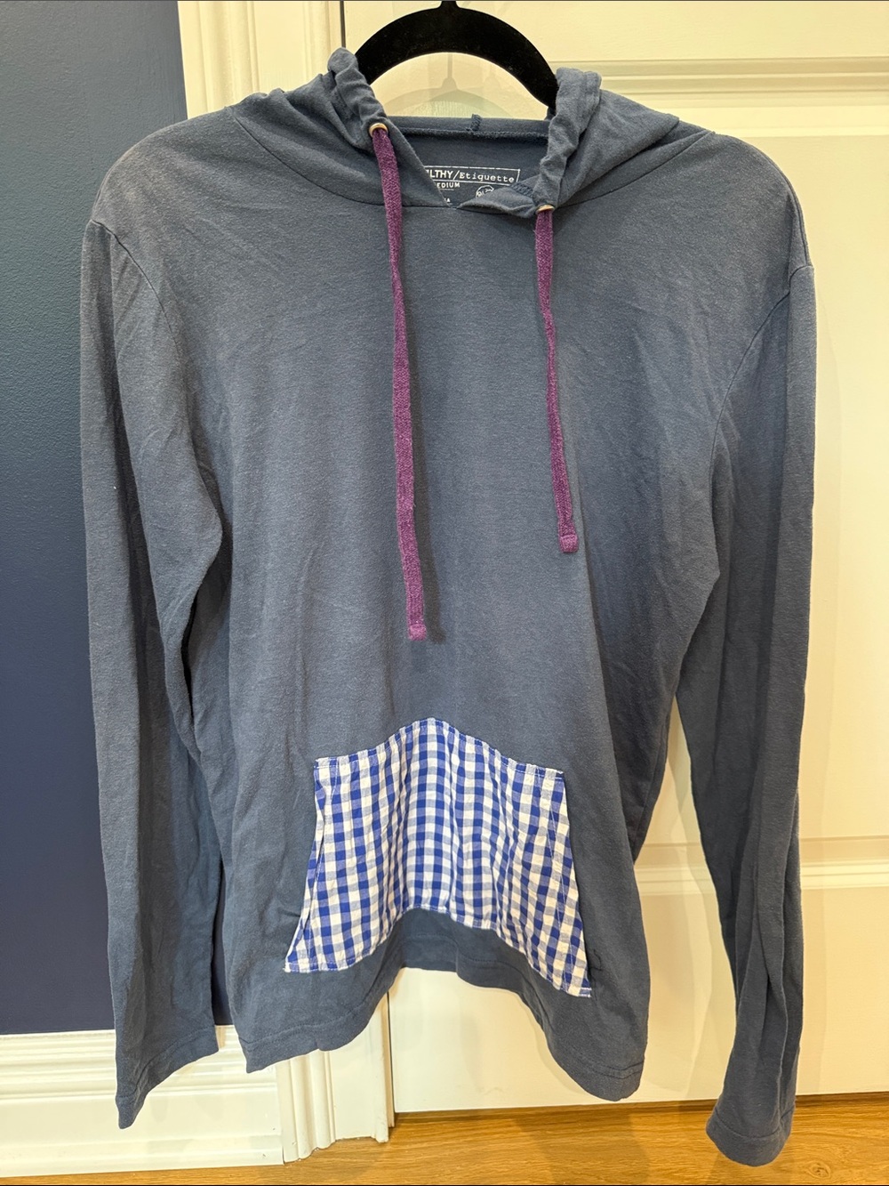 Women's Blue Hoodie with Gingham Pocket